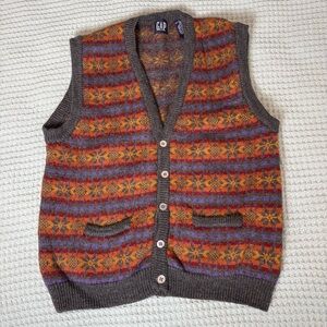 Vintage Gap 100% Wool Fair Isle Cardigan Sweater Vest Mens Large Indie Academia